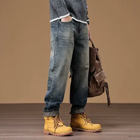 百搭直筒牛仔裤宽松水洗做旧美式高街牛仔裤高档牛仔裤休闲男款商品大图