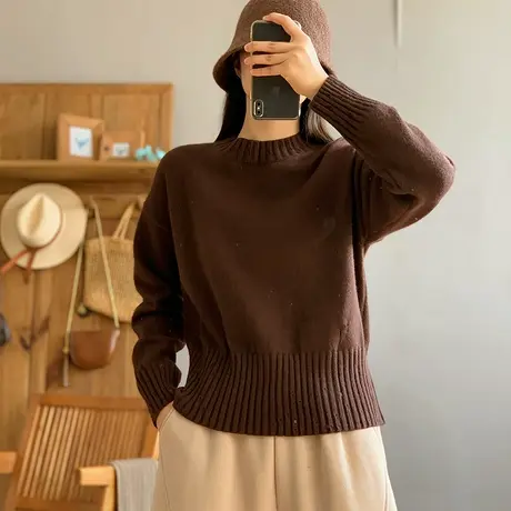 dza 复古纯色半高圆领针织打底衫女秋冬内搭套头毛衣宽松短款上衣图片