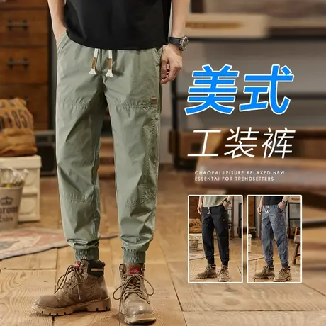 夏季薄款冰丝美式工装九分休闲裤男款束脚宽松紧腰夏天男裤子潮牌商品大图