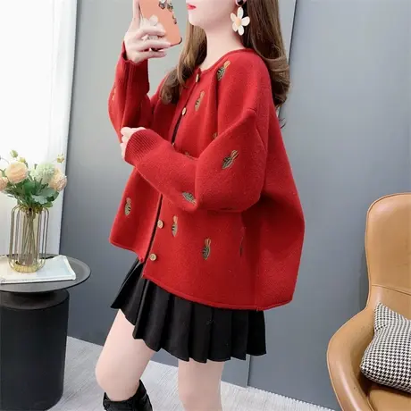 洋气减龄休闲新年红色针织开衫女春季2024年新款宽松甜美毛衣外套商品大图