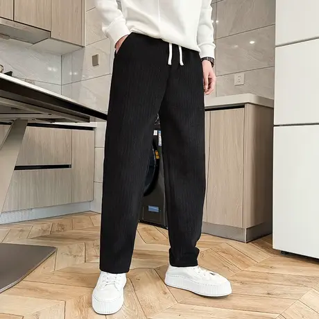 冬季加厚休闲裤男2023新款轻熟风纯色宽松直筒卫裤肌理感加绒长裤图片