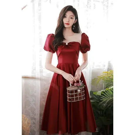 缎面敬酒服新娘夏季酒红色结婚订婚回门礼服连衣裙法式泡泡袖显瘦商品大图
