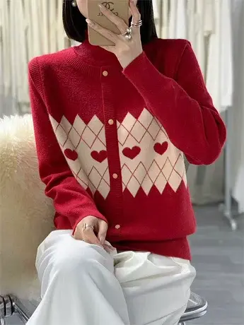 简约通勤半高领假两件毛衣女2024早春爱心菱格马甲拼接针织打底衫图片