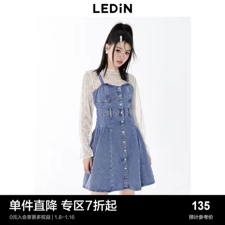 乐町优雅纽扣吊带裙春夏女牛仔裙短款收腰连衣裙元气少女图片