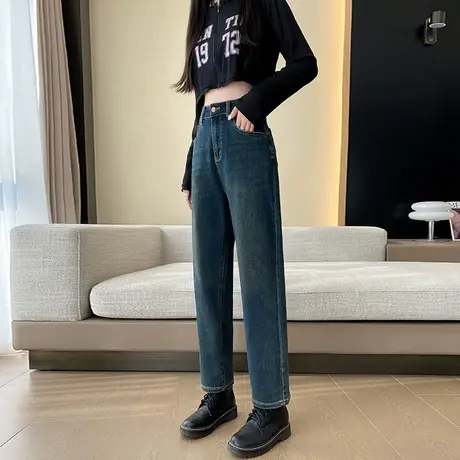加绒哈伦牛仔裤女2024年秋冬新款高腰宽松梨形身材显瘦阔腿老爹裤商品大图