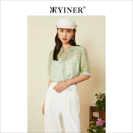 YINER音儿线上专选女装2022夏季法式碎花雪纺衬衫薄荷绿上衣商品大图