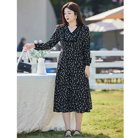大码女装秋装长袖碎花裙2024新款法式气质显瘦胖MM遮肉A字连衣裙图片