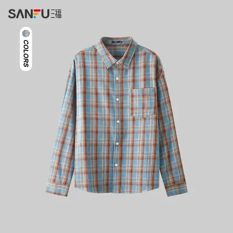 三福2024春季男士时尚格纹纯棉长衬衫 日系户外翻领上衣482435图片