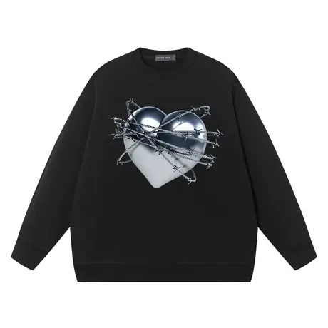 秀洛铁蒺藜锁心铁丝网美式潮流vintage休闲套头上衣宽松纯棉衣服商品大图