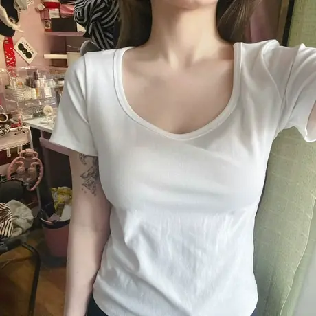 白色纯棉U领短袖T恤女2024新款夏装修身内搭打底衫百搭半袖上衣服商品大图