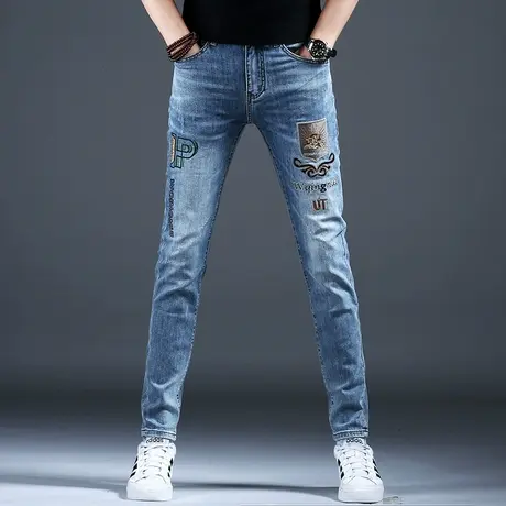 2024新款男士蓝色刺绣牛仔裤子男款修身小脚高端潮牌弹力休闲长裤图片