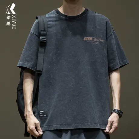 希越美式重磅纯棉T恤男2024春季新款宽松大码男士复古水洗上衣潮商品大图