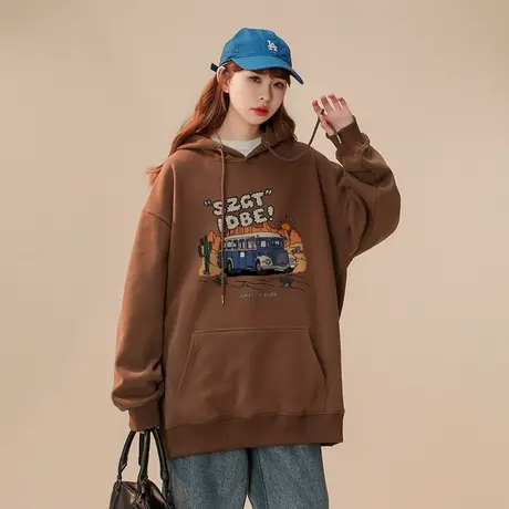 oversize美式复古卫衣女秋冬加绒加厚潮牌设计感宽松chic港味外套商品大图