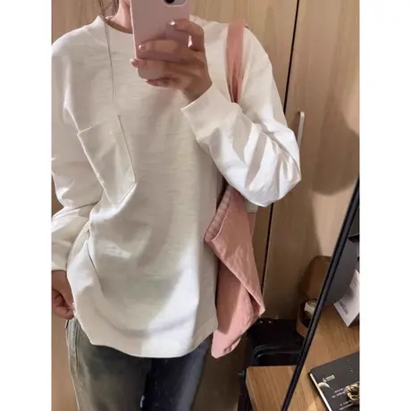 竹节棉长袖T恤女早春装2024新款宽松外穿内搭打底衫设计感上衣服商品大图