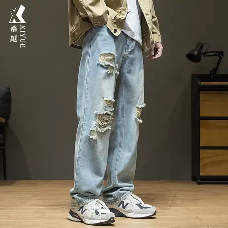 希越美式高街破洞宽松直筒牛仔裤男2024春季新款潮牌大码休闲长裤图片