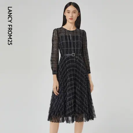 LANCY/悦朗姿2023春季新款法式高级连衣裙女收腰显瘦通勤亮片裙子商品大图