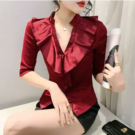 欧货女装设计感荷叶边T恤女中袖深V领时尚烫钻拼接短款开叉上衣潮图片