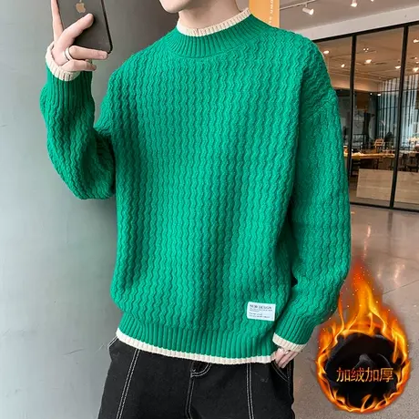 毛衣男半高领长袖打底衫秋冬季针织衫加绒厚款潮流纯色毛线衣T恤商品大图