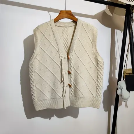 牛角扣针织马甲开衫女春秋新款韩版宽松v领麻花毛衣背心坎肩外套商品大图