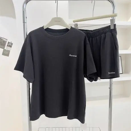 夏季外穿松紧腰阔腿休闲短裤短袖T恤女两件套华夫格宽松运动套装图片