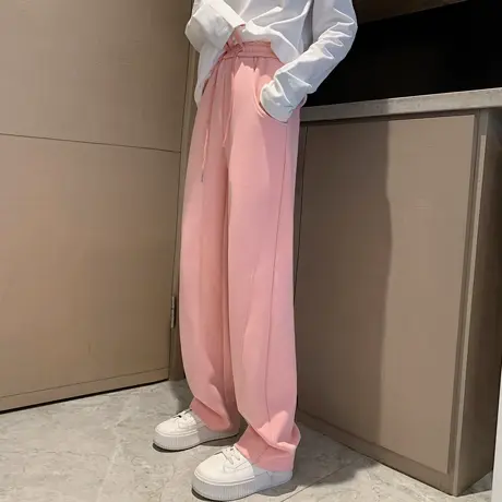 粉色香蕉阔腿裤女春秋小个子美式弯刀运动裤高腰垂感直筒休闲卫裤商品大图