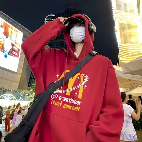 连帽卫衣男秋季2023新款字母印花宽松套头上衣情侣装潮流休闲帽衫商品大图