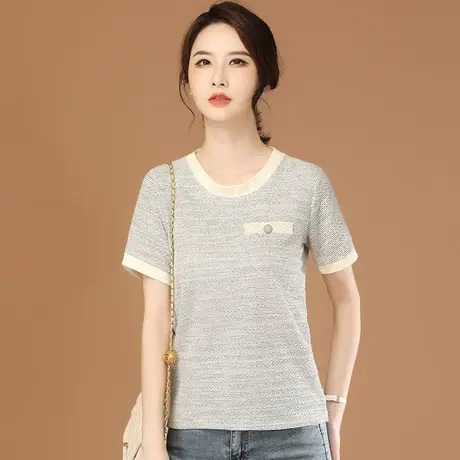 韩潮袭人圆领条纹休闲短袖T恤女2023夏季新款胖mm正肩体恤衫上衣商品大图