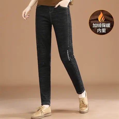 韩潮袭人松紧腰加绒刺绣牛仔裤女2023冬季新款百搭显瘦休闲直筒裤商品大图