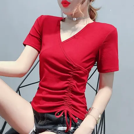 2023新款潮时尚抽绳V领T恤女短袖夏不规则收腰紧身短款泫雅风上衣商品大图