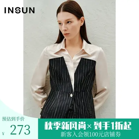 恩裳2023年春款杏色仿醋酸拼接黑色条纹收腰通勤衬衫商品大图