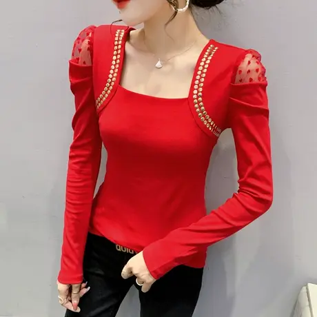 泡泡袖修身T恤女设计感方领长袖上衣春秋新款性感网纱拼接打底衫商品大图