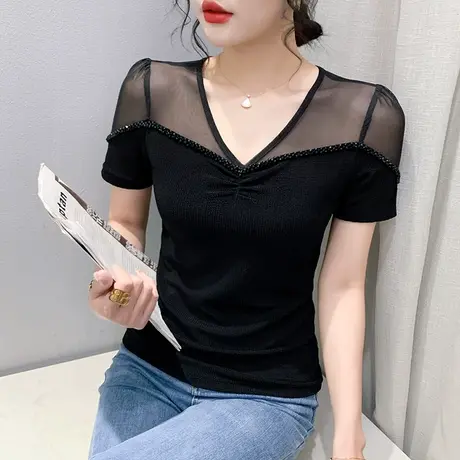 性感网纱小衫女2023夏季新款时尚钉珠V领T恤短袖百搭修身上衣半袖商品大图