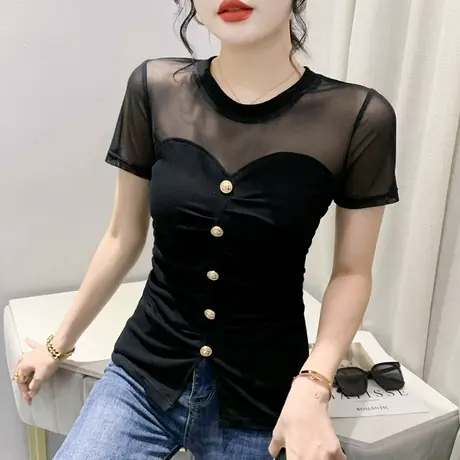 欧货网纱拼接短袖T恤女夏装性感镂空气质小衫气质修身圆领上衣潮商品大图