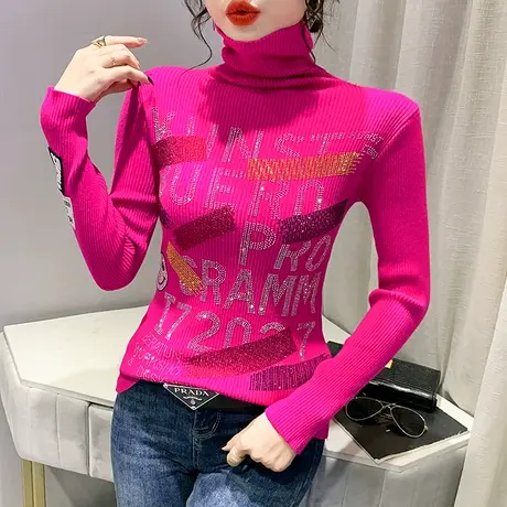 高领毛衣女时尚烫钻针织衫修身洋气上衣套头紧身内搭打底衫女秋冬商品大图