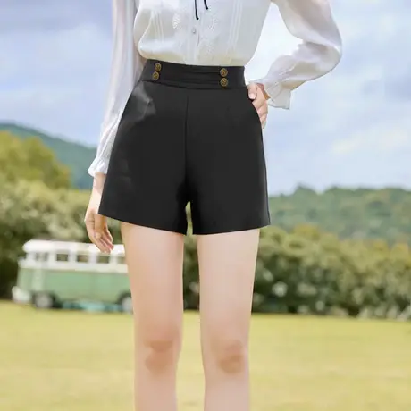 香影高腰短裤女2023秋装新款职业法式休闲裤显瘦宽松阔腿黑色裤子图片