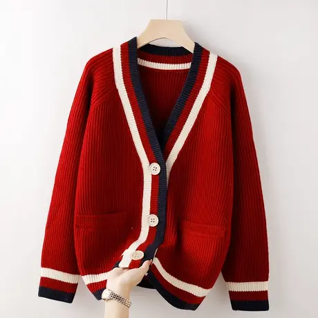 清仓】针织衫女开衫外套秋冬新款宽松慵懒v领撞色复古外穿毛衣商品大图