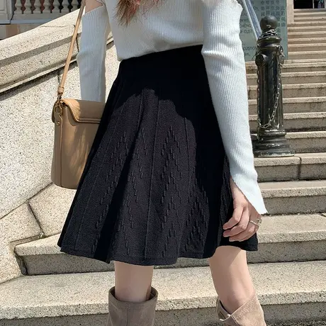 针织伞裙半身裙秋冬女2022新款a字大摆小个子显瘦遮胯百褶短裙子图片