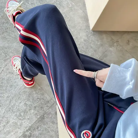 蓝色运动裤女束脚秋冬2023年新款高腰宽松显瘦条纹休闲直筒卫裤潮图片