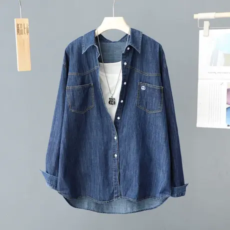 洋气深色牛仔衬衫女装上衣2023春秋新款叠穿长袖宽松简约外套衬衣图片