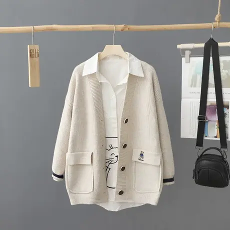 秋冬新款韩版宽松V领针织开衫女长袖2023年休闲加厚外套上衣毛衣图片