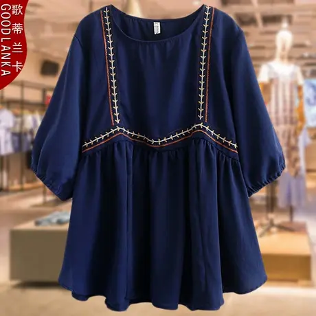 中老年特大码女装短袖宽松上衣220斤加肥加大妈妈夏装绣花雪纺衫商品大图