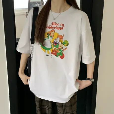 欧美复古短袖t恤女2021早春新款宽松韩版ins半袖设计感小众上衣服商品大图