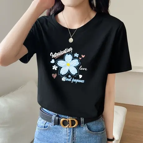 夏季上衣女黑色圆领质感t恤宽松印花设计感小众短袖纯棉半袖小衫商品大图