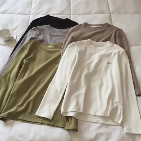 双面德绒磨毛打底衫女2023新款加厚刺绣长袖内搭圆领T恤上衣冬潮商品大图