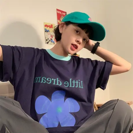 红续卡通印花复古t恤短袖女夏季2023年新款小众设计感宽松上衣图片