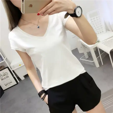 韩版白色V领上衣女T恤短袖夏季新款纯色打底衫网红衣服女 街拍款图片