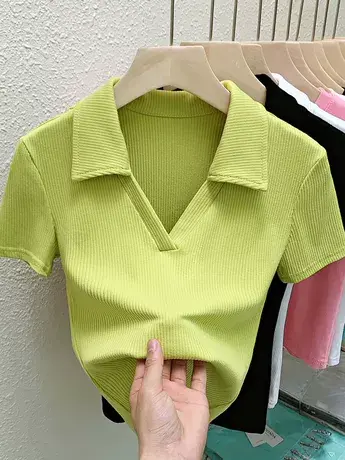 黑色v领短袖t恤女polo衫2023春夏季新款修身显瘦翻领紧身上衣潮图片