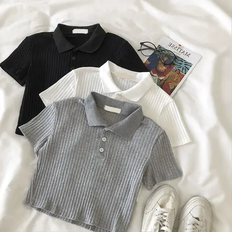 ins超火polo领短袖t恤女夏天高腰短款修身显瘦半袖上衣坑条打底衫商品大图