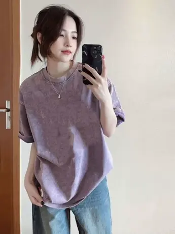 复古洗水做旧紫色纯棉短袖t恤女夏季2023新款百搭圆领宽松上衣服商品大图
