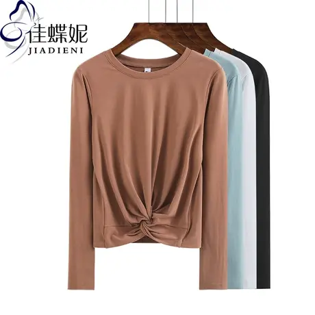 秋新款韩版圆领纯棉宽松短款长袖体恤纯色休闲女装上衣打底衫T恤图片